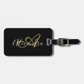 Zwarte Goud Monogram Script Naam Reizen Bagagelabel (Voorkant horizontaal)