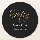 Zwarte goud naam script 50ste verjaardag ronde kartonnen onderzetter (Voorkant)