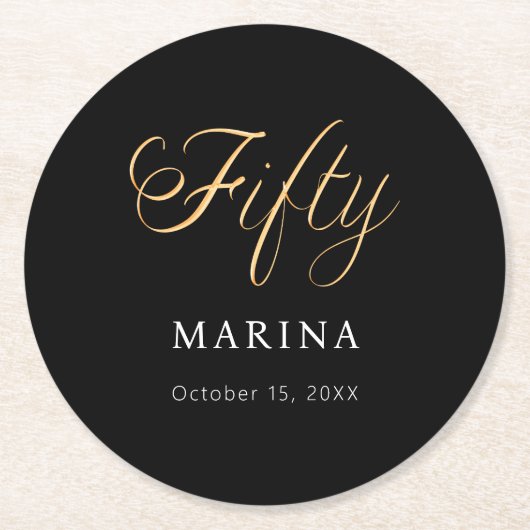 Zwarte goud naam script 50ste verjaardag ronde kartonnen onderzetter (Voorkant)