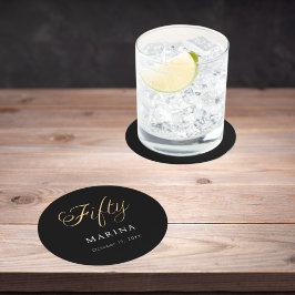 Zwarte goud naam script 50ste verjaardag ronde kartonnen onderzetter