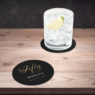 Zwarte goud naam script 50ste verjaardag ronde kartonnen onderzetter