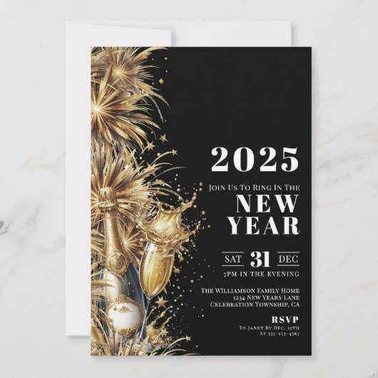 Zwarte Goud Nieuwjaarsfeest Champagne Party Kaart (Voorkant)