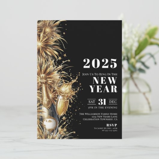 Zwarte Goud Nieuwjaarsfeest Champagne Party Kaart (Staand voorkant)