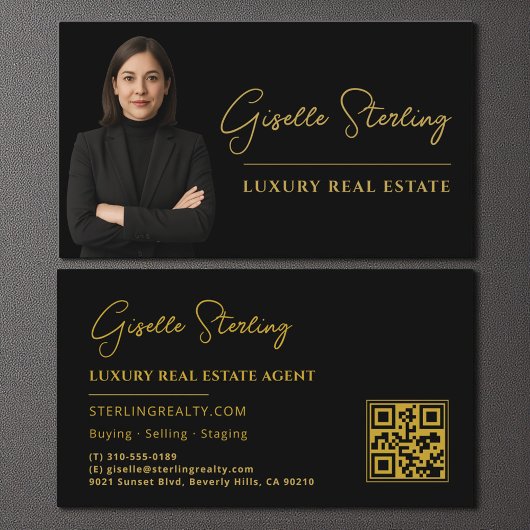 Zwarte Goud QR Code Script Luxe Vastgoed Visitekaartje