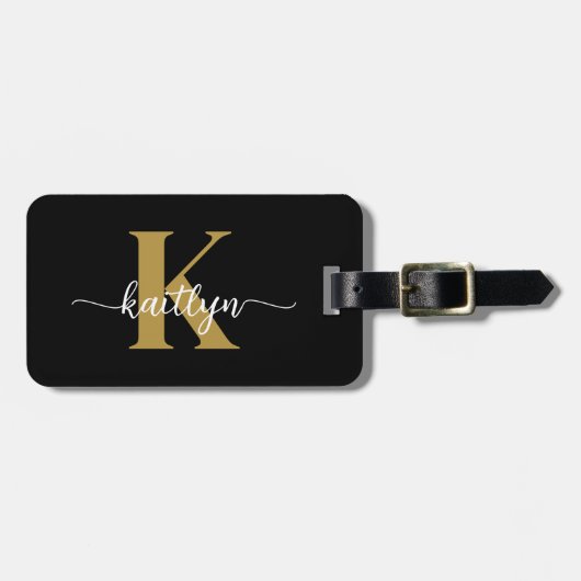 Zwarte Goud Schrift Monogram Bagagelabel (Voorkant horizontaal)