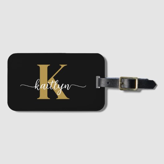 Zwarte Goud Schrift Monogram Bagagelabel (Voorkant (horizontaal))