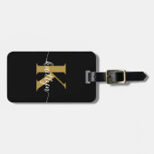 Zwarte Goud Schrift Monogram Bagagelabel (Voorkant horizontaal)