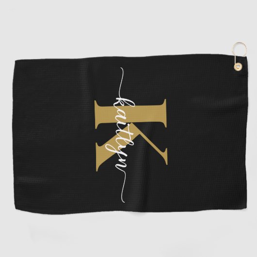 Zwarte Goud Schrift Monogram Golfhanddoek (Horizontaal)