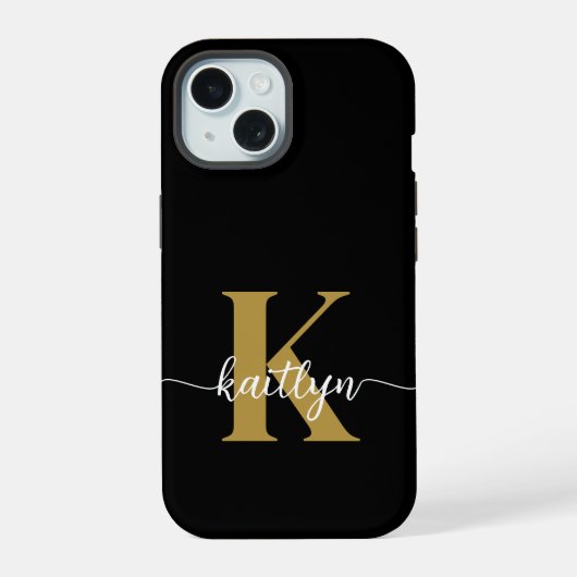 Zwarte Goud Schrift Monogram iPhone 15 Case (Achterkant)