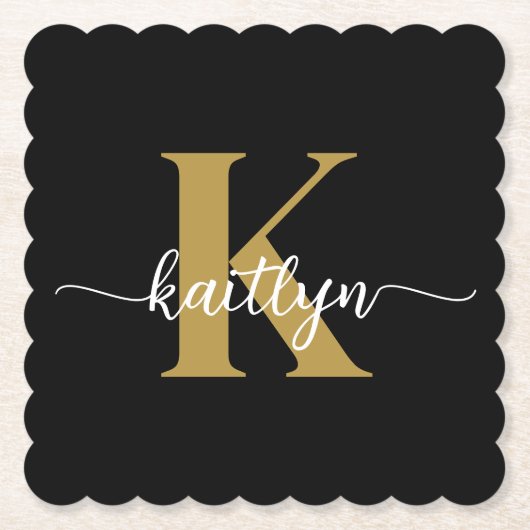 Zwarte Goud Schrift Monogram Kartonnen Onderzetters (Voorkant)