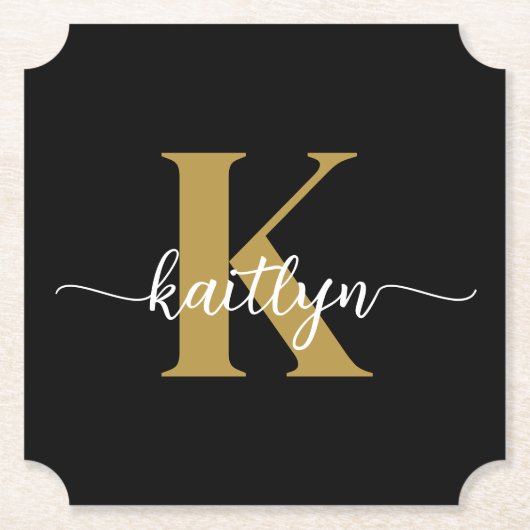 Zwarte Goud Schrift Monogram Kartonnen Onderzetters (Voorkant)