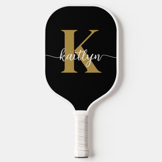 Zwarte Goud Schrift Monogram Pickleball Paddle (Voorkant)