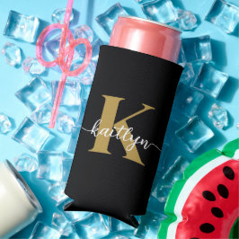Zwarte Goud Schrift Monogram Seltzer Blikjeskoeler