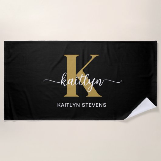 Zwarte Goud Schrift Monogram Strandlaken (Voorkant)