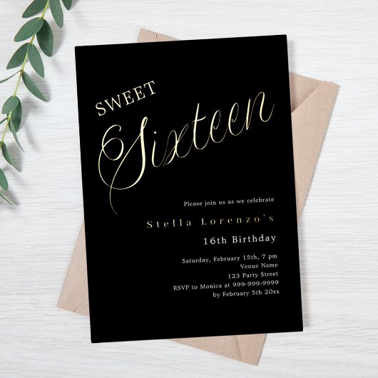 Zwarte goud script luxe Sweet 16 Folie Uitnodiging
