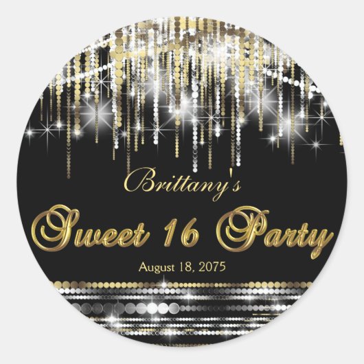 Zwarte Goud Sweet 16 Ronde Sticker (Voorkant)