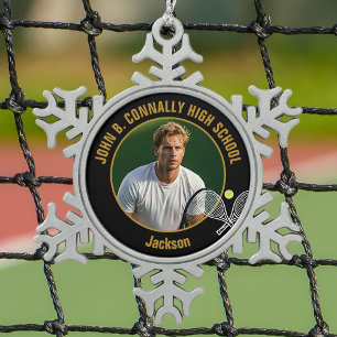 Zwarte Goud Tennisspeler Foto Middelbare School Tin Sneeuwvlok Ornament