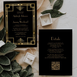 Zwarte Goud Vintage Jaren 1920 Deco QR Code Trouwe Kaart