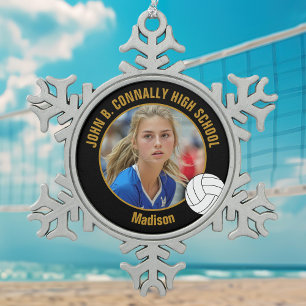 Zwarte Goud Volleybalspeler Foto Hoge School Tin Sneeuwvlok Ornament