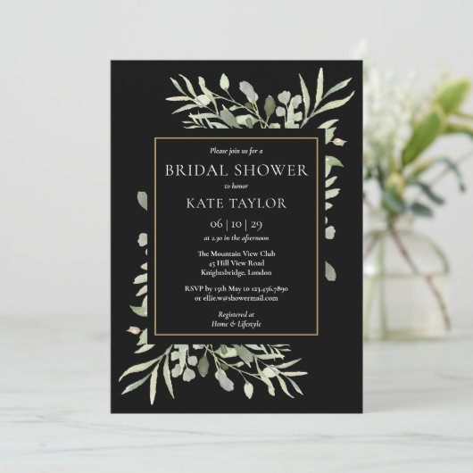 Zwarte Goud Waterverf Groene Bruiloftsborrel Kaart (Staand voorkant)