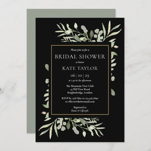 Zwarte Goud Waterverf Groene Bruiloftsborrel Kaart (Voorkant / Achterkant)