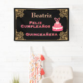  zwarte goudbarokroze Cake Quinceañera Spandoek (Insitu)