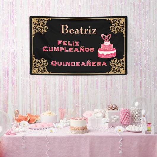  zwarte goudbarokroze Cake Quinceañera Spandoek (Feest)