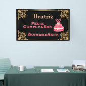  zwarte goudbarokroze Cake Quinceañera Spandoek (Beurs)