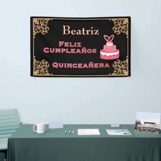  zwarte goudbarokroze Cake Quinceañera Spandoek (Beurs)