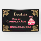  zwarte goudbarokroze Cake Quinceañera Spandoek (Horizontaal)