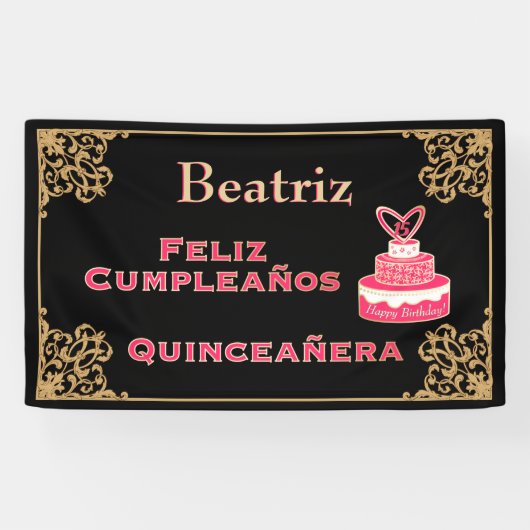  zwarte goudbarokroze Cake Quinceañera Spandoek (Horizontaal)