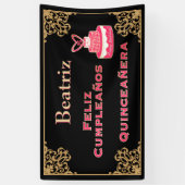  zwarte goudbarokroze Cake Quinceañera Spandoek (Verticaal)