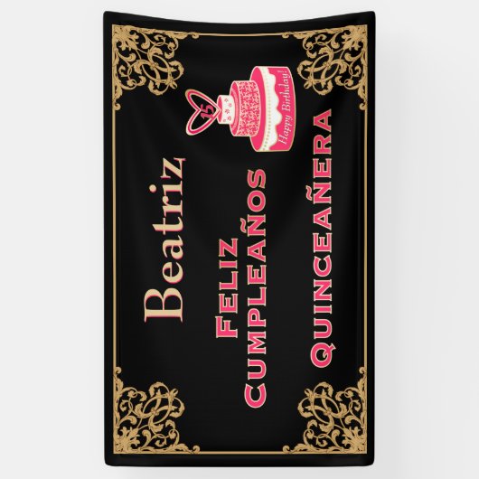  zwarte goudbarokroze Cake Quinceañera Spandoek (Verticaal)