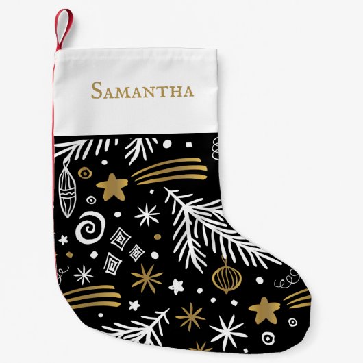 Zwarte gouddoedelen met de naam festive kleine kerstsok (Voorkant)