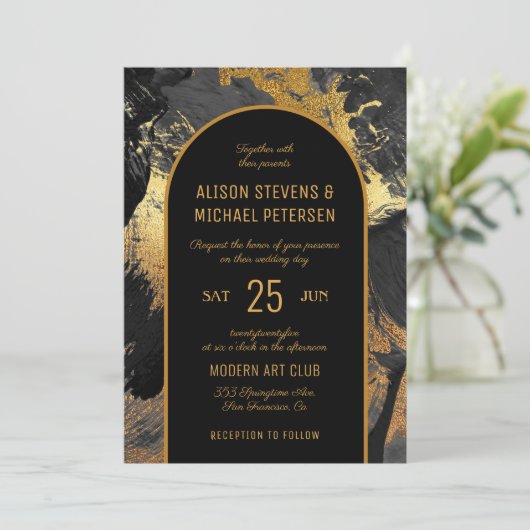 Zwarte goudelegant abstracte FOTO-bruiloft Kaart (Staand voorkant)