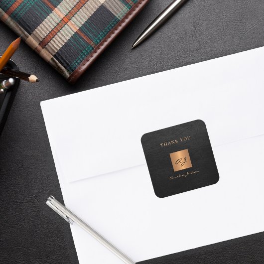 Zwarte goudelegante monogram naam bedankt vierkante sticker