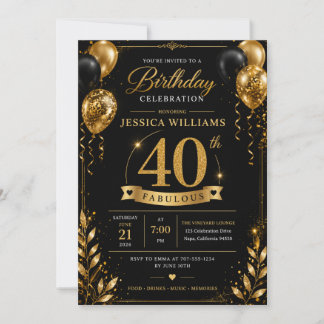 Zwarte Gouden 40e Verjaardagsuitnodiging | Glitter Kaart