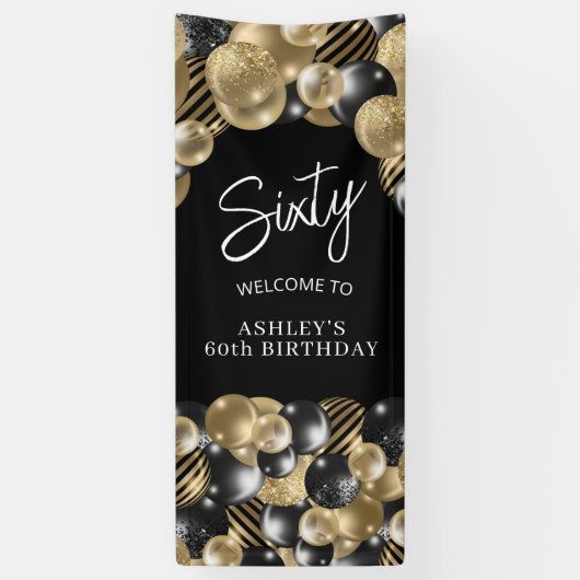 Zwarte Gouden 60e Verjaardag Deur Spandoek (Verticaal)