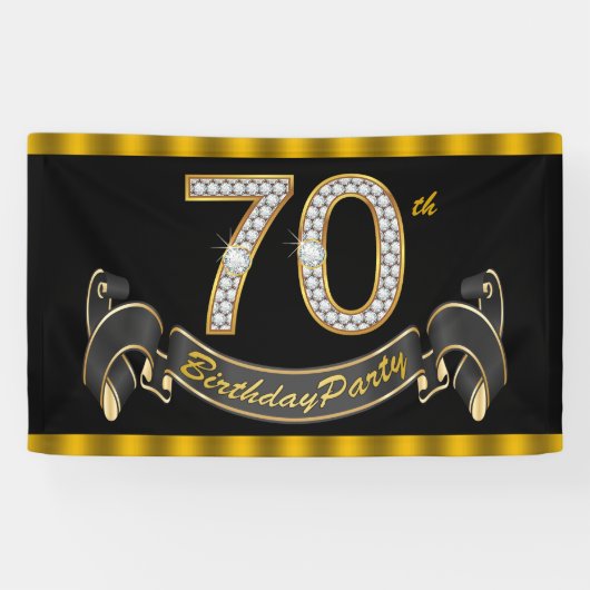 Zwarte Gouden 70e Verjaardagsfeestje Spandoek (Horizontaal)