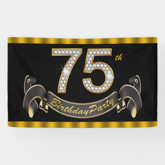 Zwarte Gouden 75e Verjaardagsfeestje Spandoek (Horizontaal)