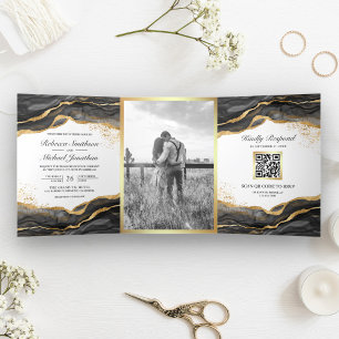 Zwarte Gouden Abstracte Inkt QR Code Bruiloft Drieluik Uitnodiging