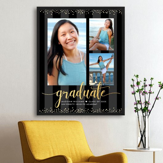Zwarte Gouden Afstudeerfeest 3 Foto Glitter Script Poster