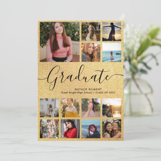 Zwarte & Gouden Afstudeerfoto Collage 13 Afstudeer Aankondiging (Staand voorkant)