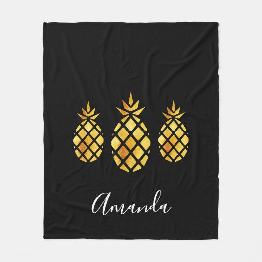 Zwarte gouden ananas naam script modern fleece deken (Voorkant)