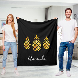 Zwarte gouden ananas naam script modern fleece deken