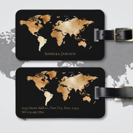 Zwarte Gouden Aquarel Wereldkaart Persoonlijk Bagagelabel