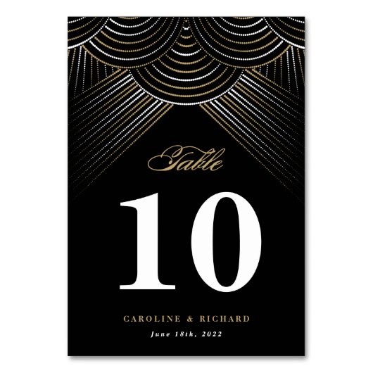 Zwarte Gouden Art Deco Slingerlichten Tafelkaart Kaart (Voorkant)