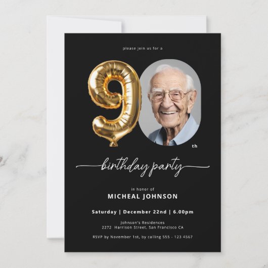 Zwarte gouden ballon 90e verjaardag kaart (Voorkant)