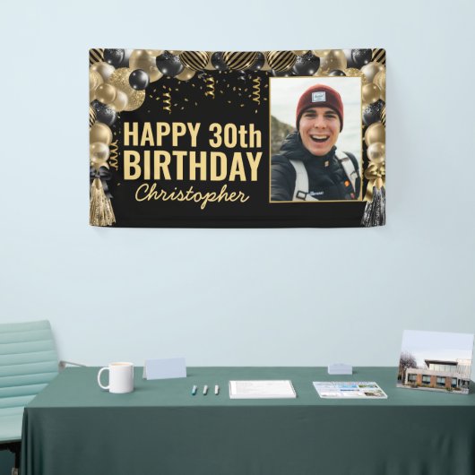 Zwarte Gouden Ballon Confetti Foto Gelukkige Verja Spandoek (Beurs)