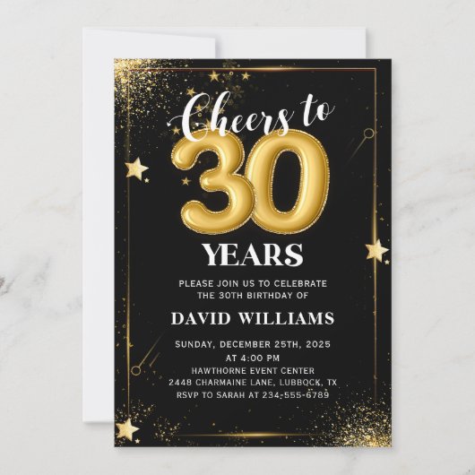 Zwarte gouden ballonnen 30e verjaardag uitnodiging (Voorkant)
